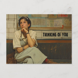 TARJETA POSTAL DE MUJER RETRO PENSANDO EN TI