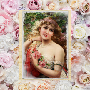 Tarjeta postal de mujer victoriana con rosas rosad