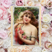 Tarjeta postal de mujer victoriana con rosas rosad