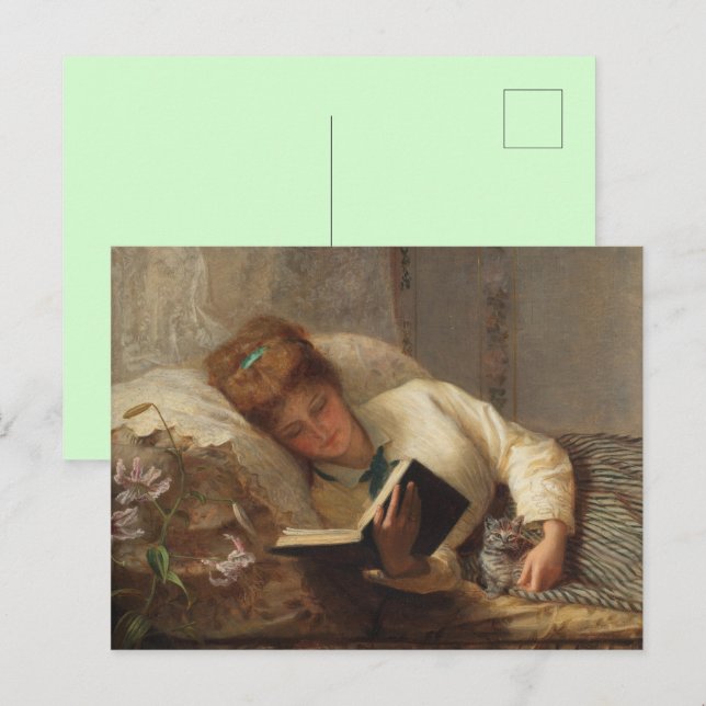 Tarjeta postal de mujer victoriana leyendo mientra (Anverso / Reverso)
