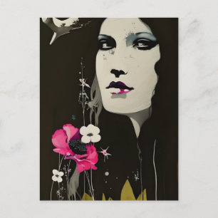 Tarjeta postal de mujer y flores