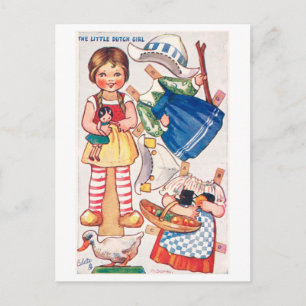 Tarjeta postal de muñeca de papel antigua--Niña ho