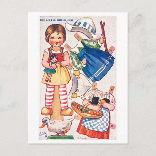 Tarjeta postal de muñeca de papel antigua--Niña ho (Anverso)