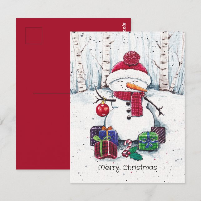 Tarjeta Postal De Muñeco De Nieve Con Regalos En A (Anverso / Reverso)