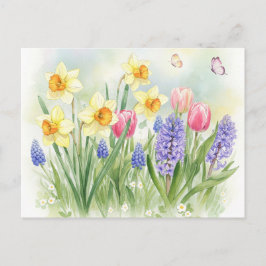 Tarjeta postal de narcisos, tulipanes, jacintos y