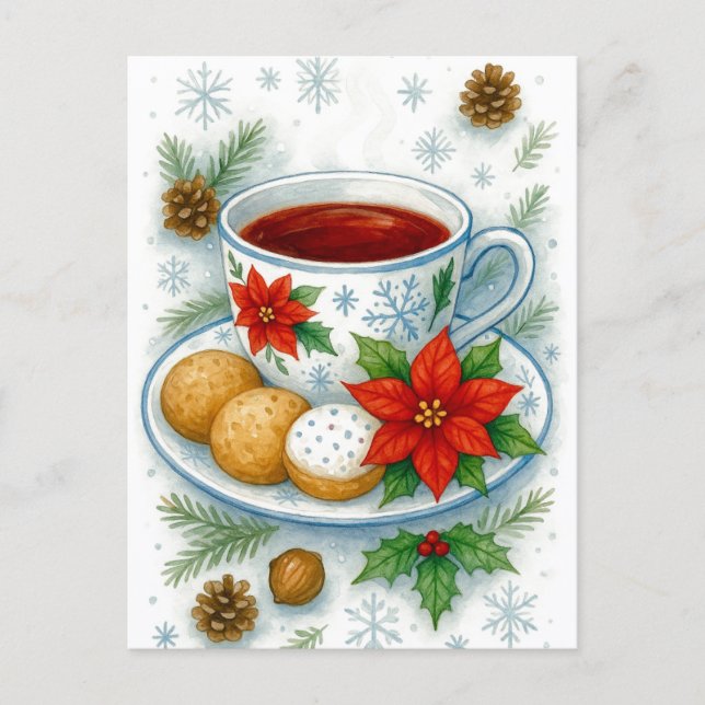 Tarjeta postal de Navidad acogedora de té y gallet (Anverso)