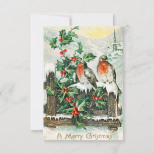 Tarjeta postal de Navidad antigua con petirrojos