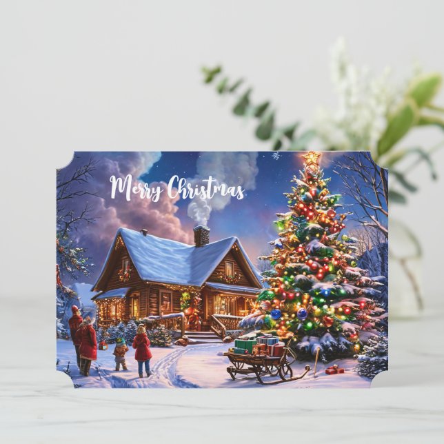 Tarjeta Postal de Navidad Cabaña Acogedora Nevada (Anverso de pie)