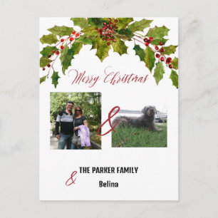 Tarjeta postal de Navidad con familia y perro