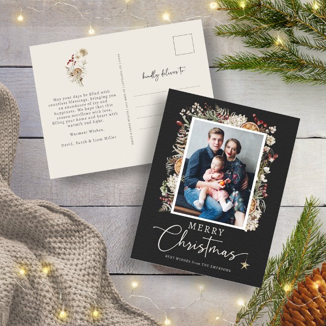 Tarjeta postal de Navidad con foto botánica (Elegant Black Rustic Boho Botanical Photo Merry Christmas Postcard
)