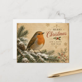 tarjeta postal de Navidad con petirrojo en un árbo