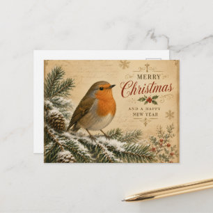 tarjeta postal de Navidad con petirrojo en un árbo