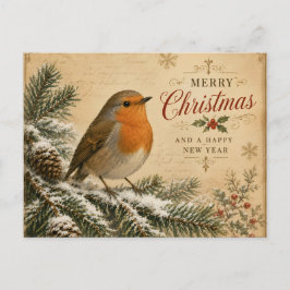 tarjeta postal de Navidad con petirrojo en un árbo