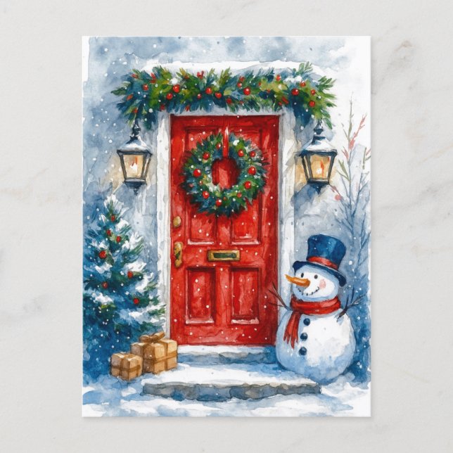 Tarjeta postal de Navidad con puerta roja y muñeco (Anverso)