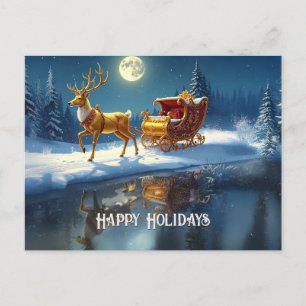 Tarjeta postal de Navidad con trineo y renos