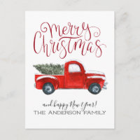 Tarjeta postal de Navidad de camión rojo vintage