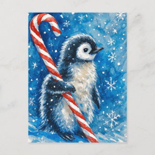 Tarjeta postal de Navidad de pingüino lindo con ba