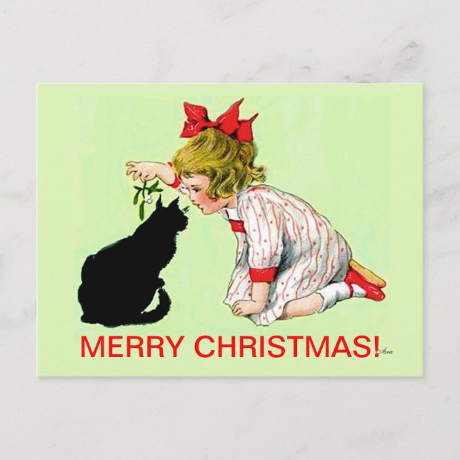 TARJETA POSTAL DE NAVIDAD DE VINTAJE, CHICA W CAT (Anverso)