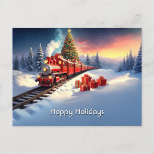 Tarjeta postal de Navidad del árbol de tren rojo