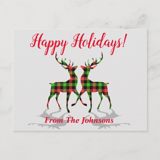 Tarjeta postal de Navidad Plaid Deer Felices Fiest (Anverso)