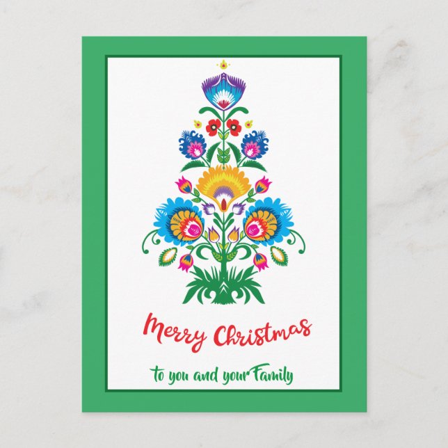 🎄 tarjeta postal de Navidad verde folklórica de N (Anverso)