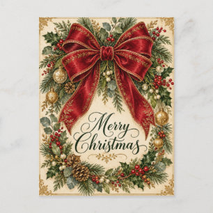 Tarjeta postal de Navidad vintage con lazo rojo de
