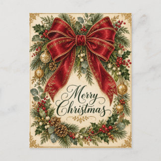 Tarjeta postal de Navidad vintage con lazo rojo de