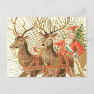 Tarjeta Postal de Navidad Vintage, Santa con Reno