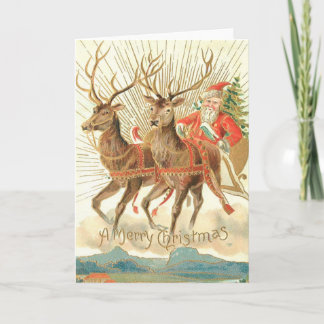 Tarjeta Postal de Navidad Vintage, Santa con Reno