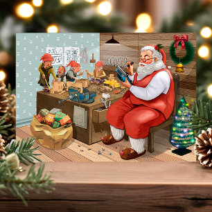 Tarjeta postal de Navidad vintage taller de Santa 