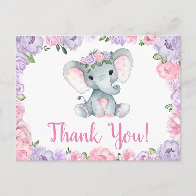 Tarjeta postal de niña con elefante rosa púrpura G (Anverso)