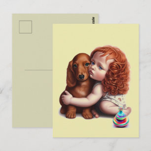 Tarjeta postal de niña pequeña de pelo rojo abraza