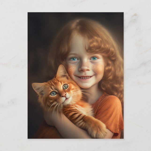 TARJETA POSTAL DE NIÑA Y GATO NARANJA  (Anverso)