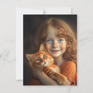 TARJETA POSTAL DE NIÑA Y GATO ROJITO