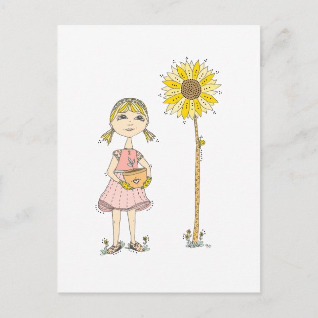 Tarjeta postal de niña y girasol (Anverso)
