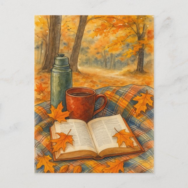 Tarjeta postal de otoño acogedor con libro y café (Anverso)