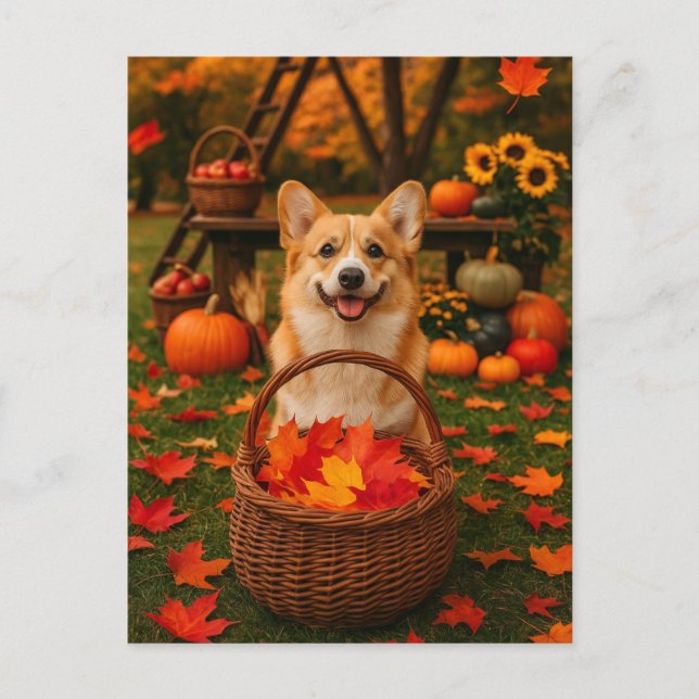 Tarjeta postal de otoño de Corgi feliz (Anverso)