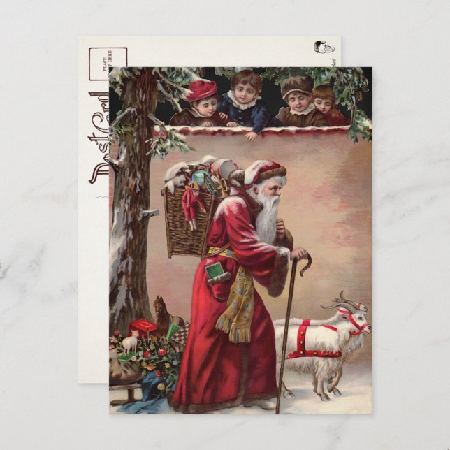 Tarjeta postal de Papá Noel victoriano con cabras (Anverso / Reverso)