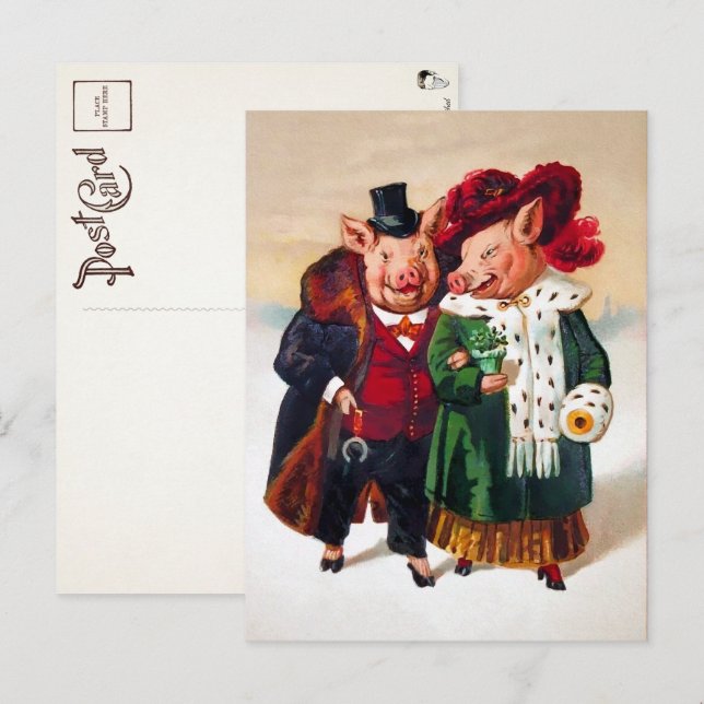 Tarjeta postal de pareja de cerdos victorianos (Anverso / Reverso)