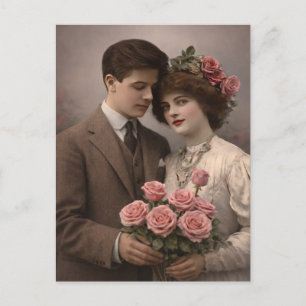 Tarjeta Postal de Pareja Romántica Antigua con Ros