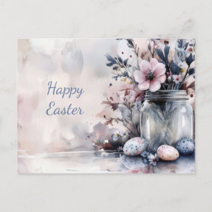 Tarjeta postal de Pascua con huevos de Pascua y fl
