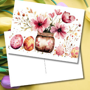 Tarjeta postal de Pascua con huevos de Pascua y fl