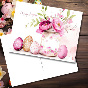 Tarjeta postal de Pascua con huevos de Pascua y fl