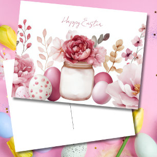 Tarjeta postal de Pascua con huevos de Pascua y fl