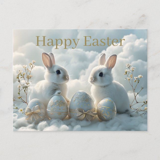 Tarjeta postal de Pascua Dos conejos y huevos de P (Anverso)