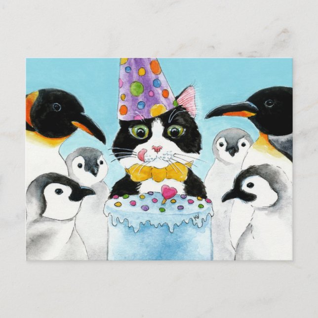 Tarjeta postal de pastel de cumpleaños de pingüino (Anverso)