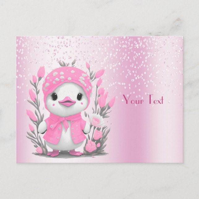 Tarjeta postal de pato de acuarela con flores rosa (Anverso)