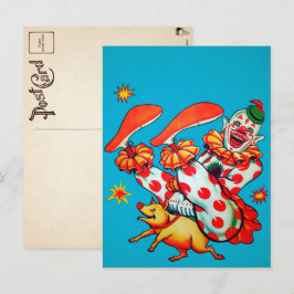 Tarjeta postal de payaso vintage montado en cerdo