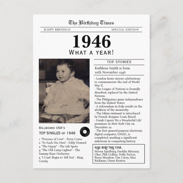 Tarjeta postal de periódico de cumpleaños de 1946 (Anverso)