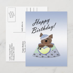 Tarjeta Postal de Perro Niño Cumpleaños Feliz Azul